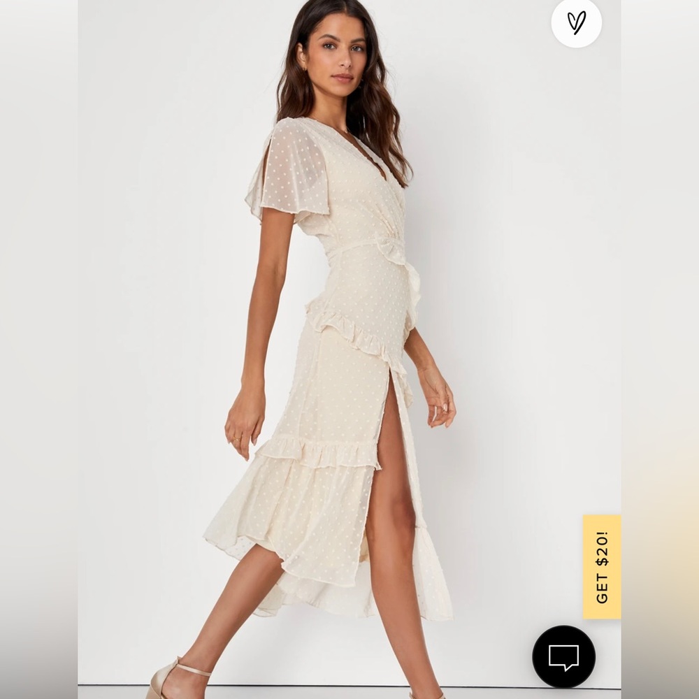 NWT Lulu’s Next to You Cream Swiss Dot Ruffled Midi Dress